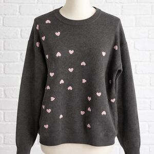 Women’s Charcoal Crewneck Sweater with Pink Heart Motif